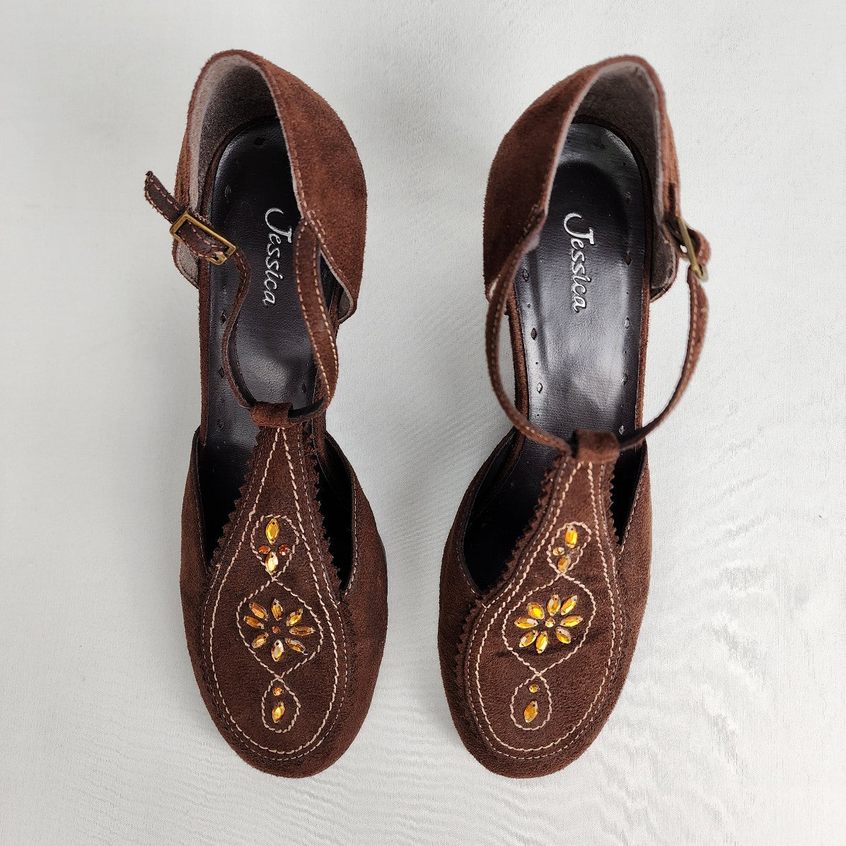 Jessica Chocolate Brown Flower Ankle Strap Wedge Shoes Size 7.5