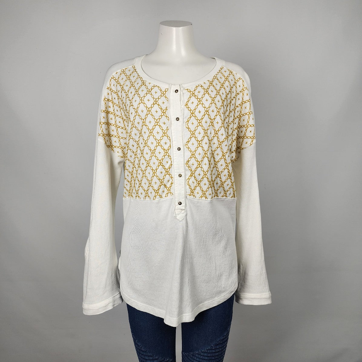 We the Free White & Yellow Cotton Long Sleeve Top Size S/M
