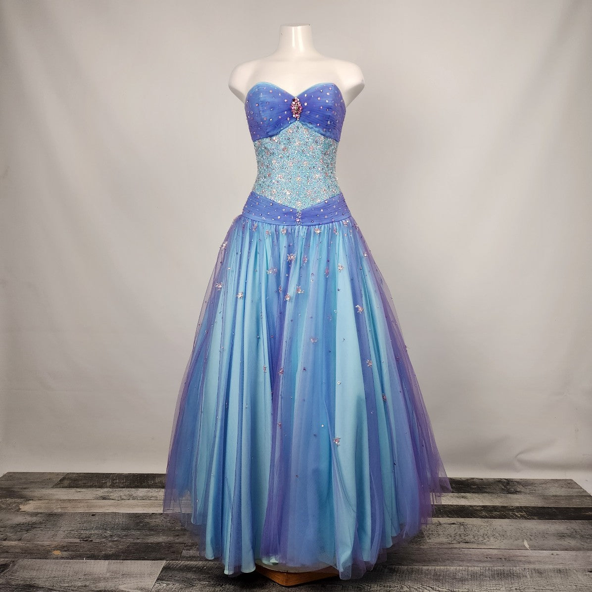 Alfred Angelo Blue Beaded Mermaid Floral Tulle Grad Prom Studded Gown Size S
