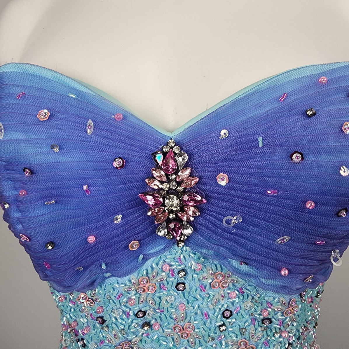 Alfred Angelo Blue Beaded Mermaid Floral Tulle Grad Prom Studded Gown Size S