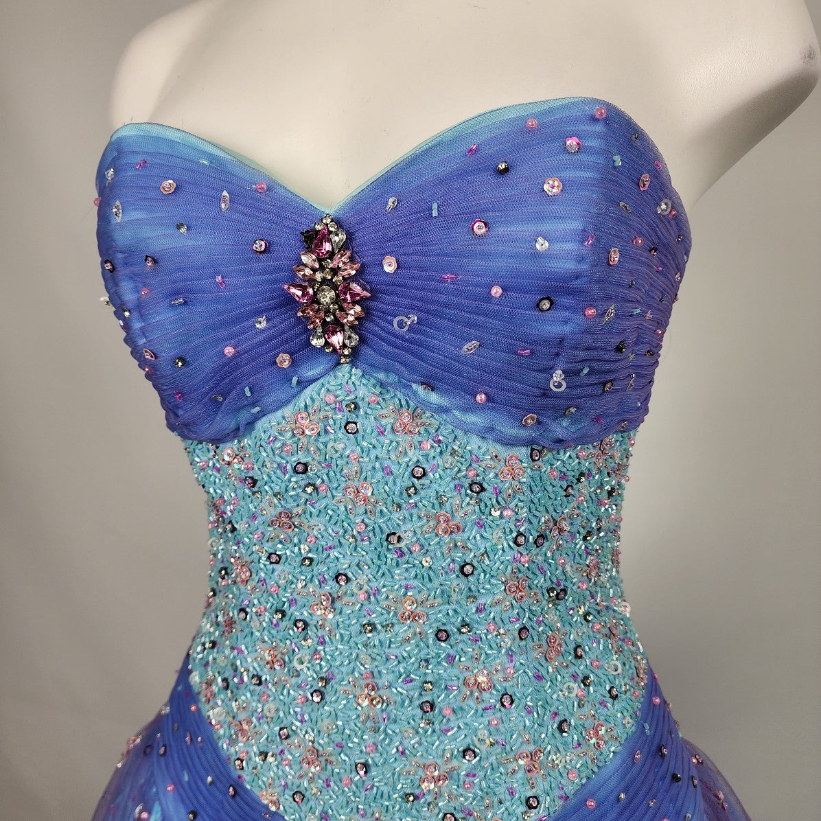 Alfred Angelo Blue Beaded Mermaid Floral Tulle Grad Prom Studded Gown Size S