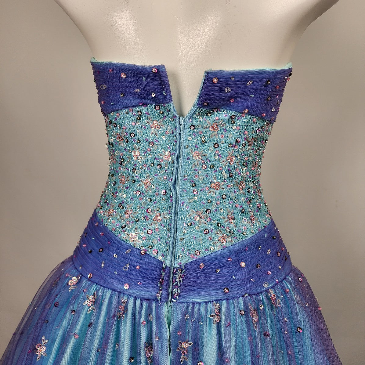Alfred Angelo Blue Beaded Mermaid Floral Tulle Grad Prom Studded Gown Size S