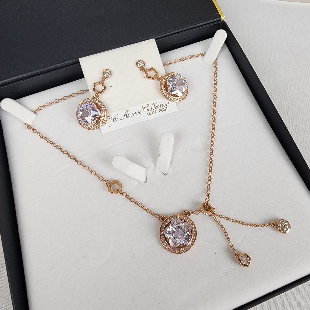 Fifth Avenue Collection Rose Gold Flower Rhinestones Necklace & Drop Earrings Set