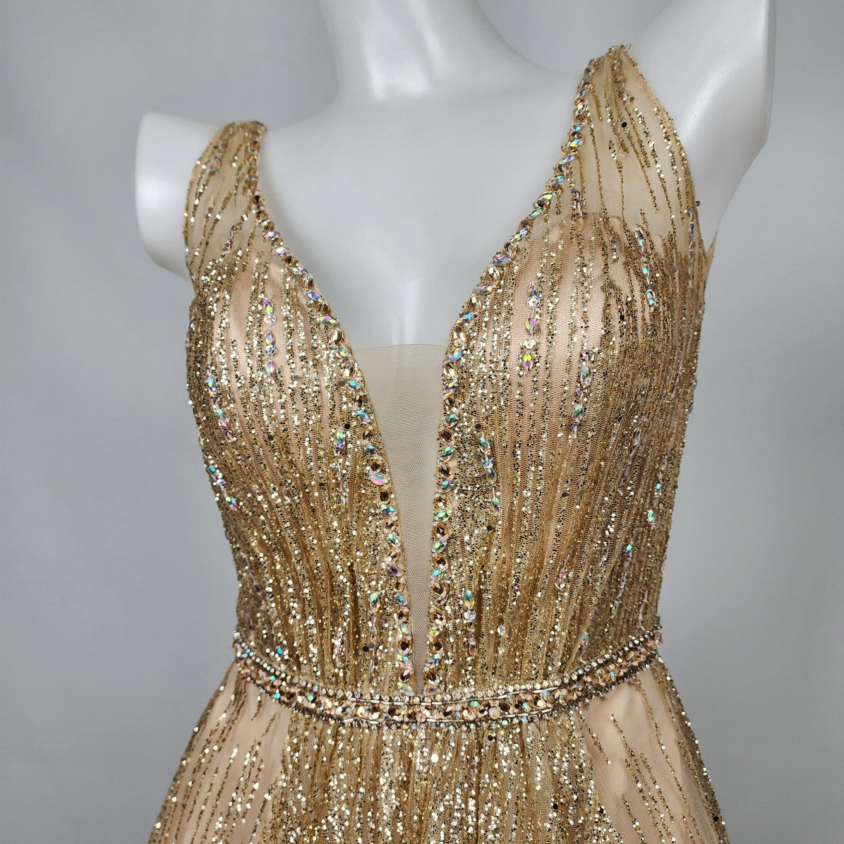 Mori Lee Gold Crystal Glitter Prom Grad Gown Size XS