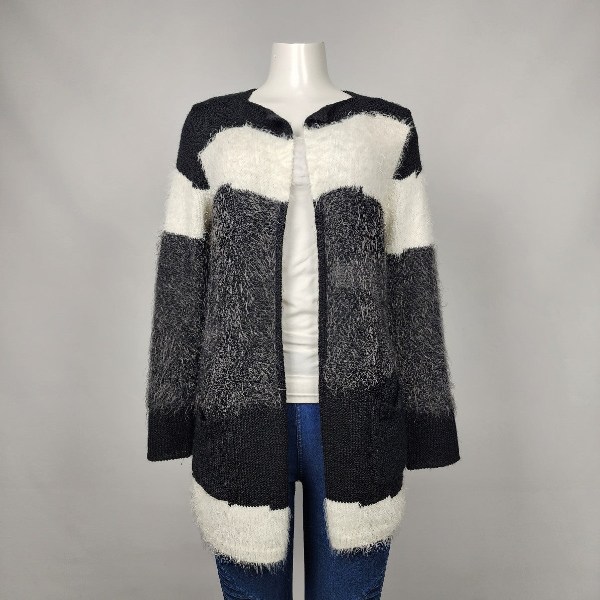 Marble Black & White Eyelash Knitted Cardigan Size S