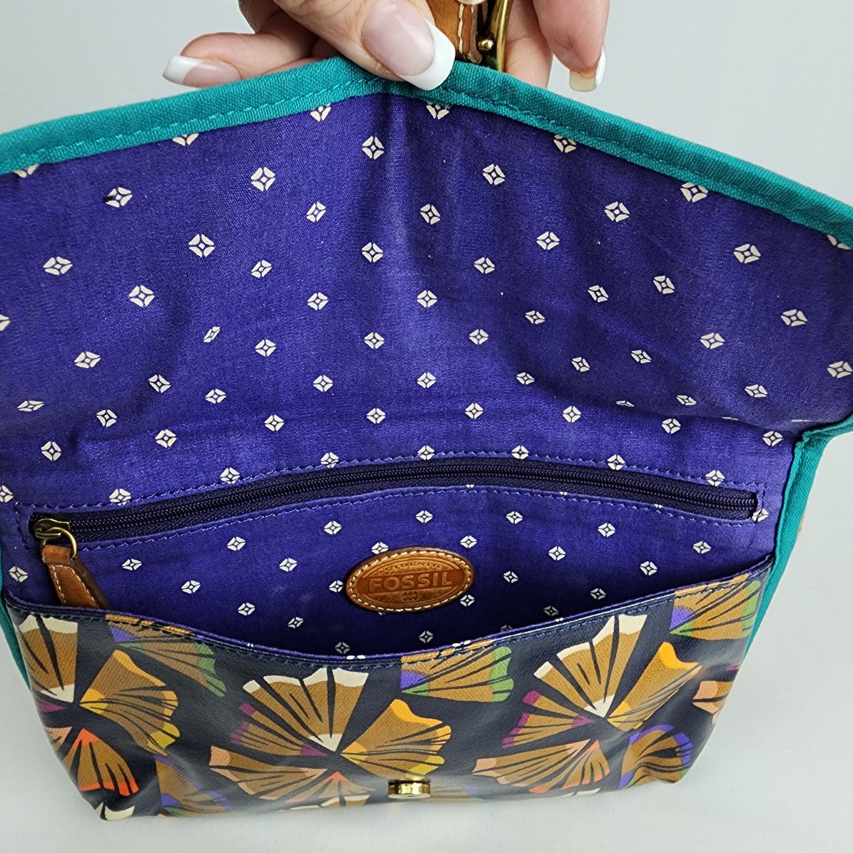 Fossil Brown Tropical Print Crossbody Purse