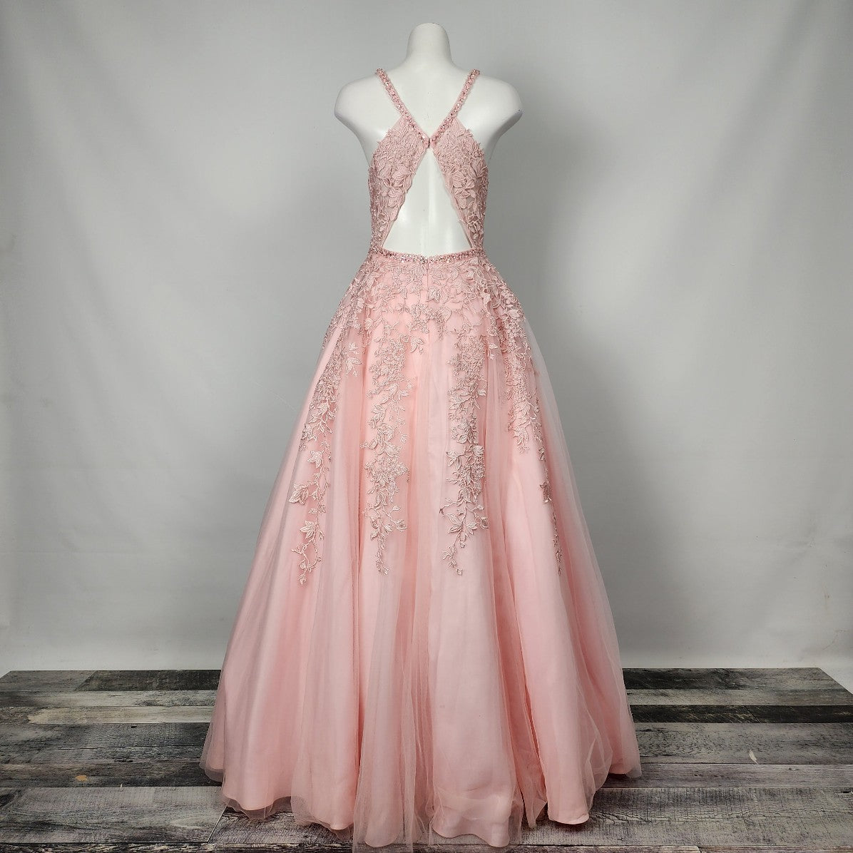 JVN by Jovani Pink Flower Lace Rhinestones Tulle Gown Size M Grad Prom Event