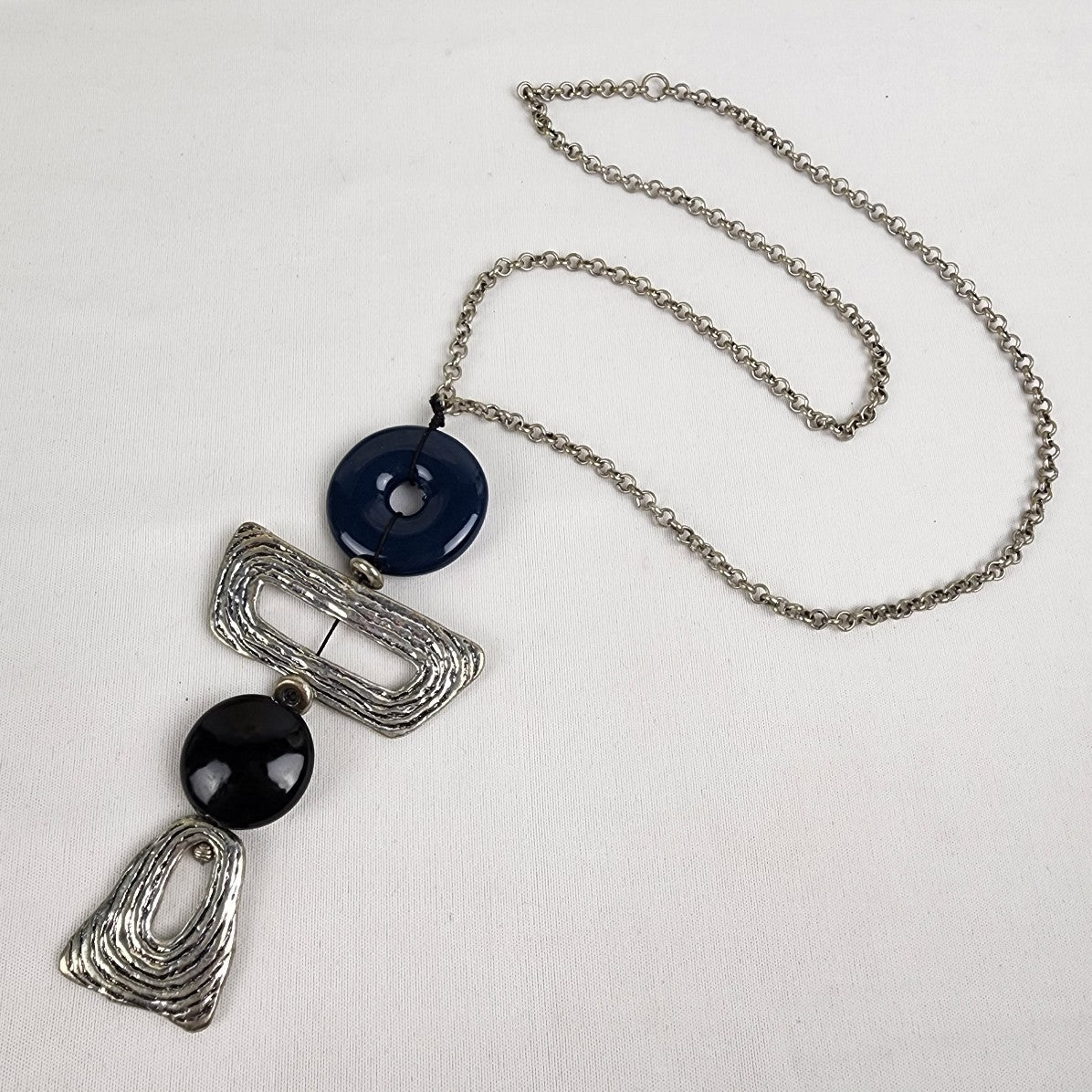 Silver Tone Black & Blue Stones Geometric Statement Necklace