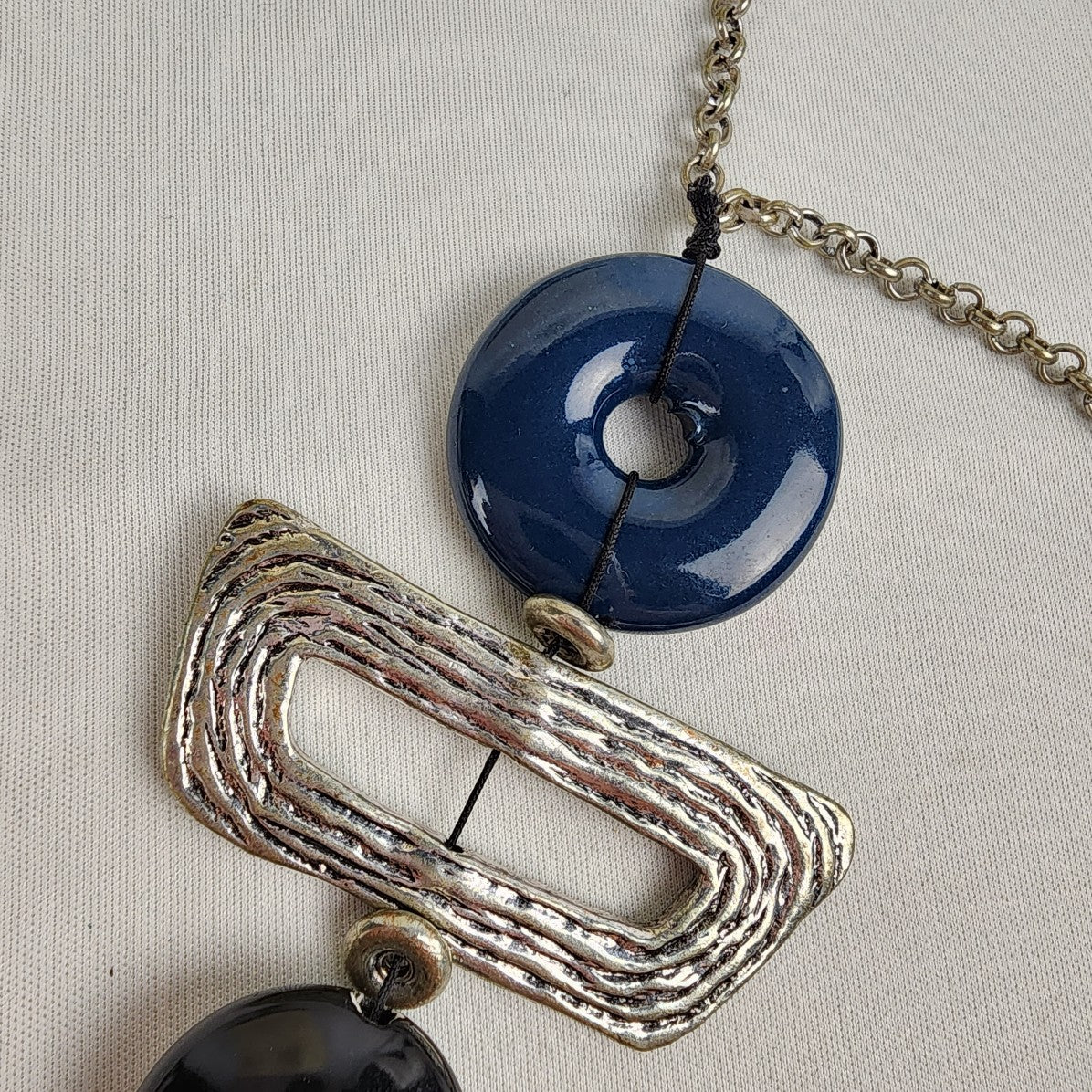 Silver Tone Black & Blue Stones Geometric Statement Necklace