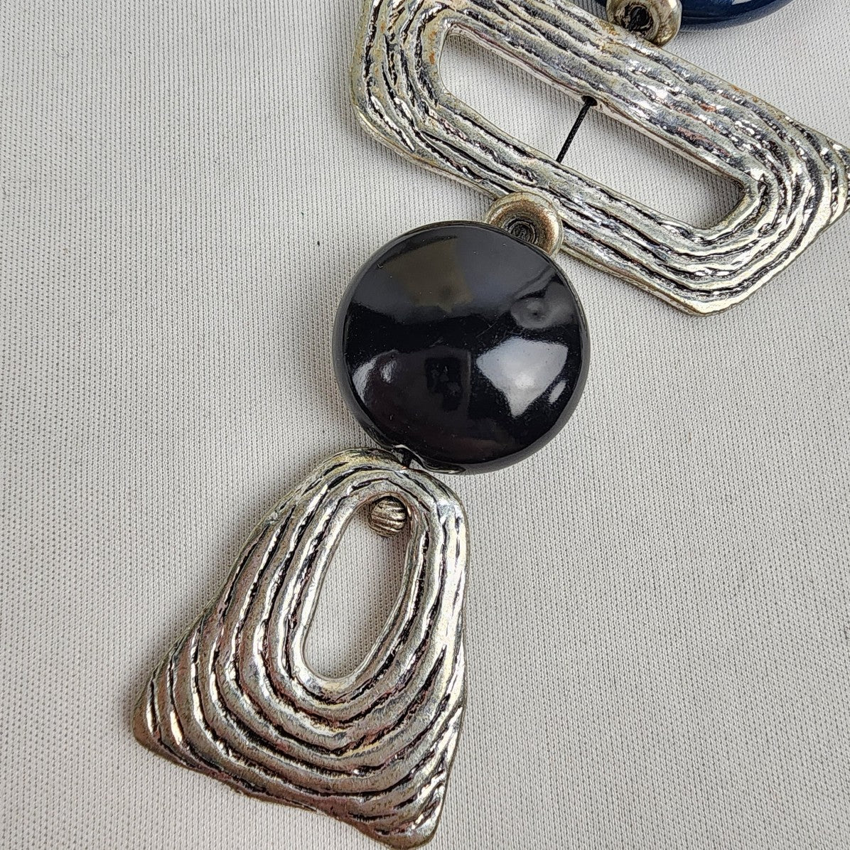 Silver Tone Black & Blue Stones Geometric Statement Necklace