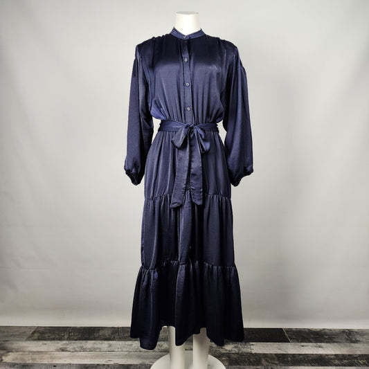 Dress Forum Blue Silky Ruffle Skirt Belted Dress Size S