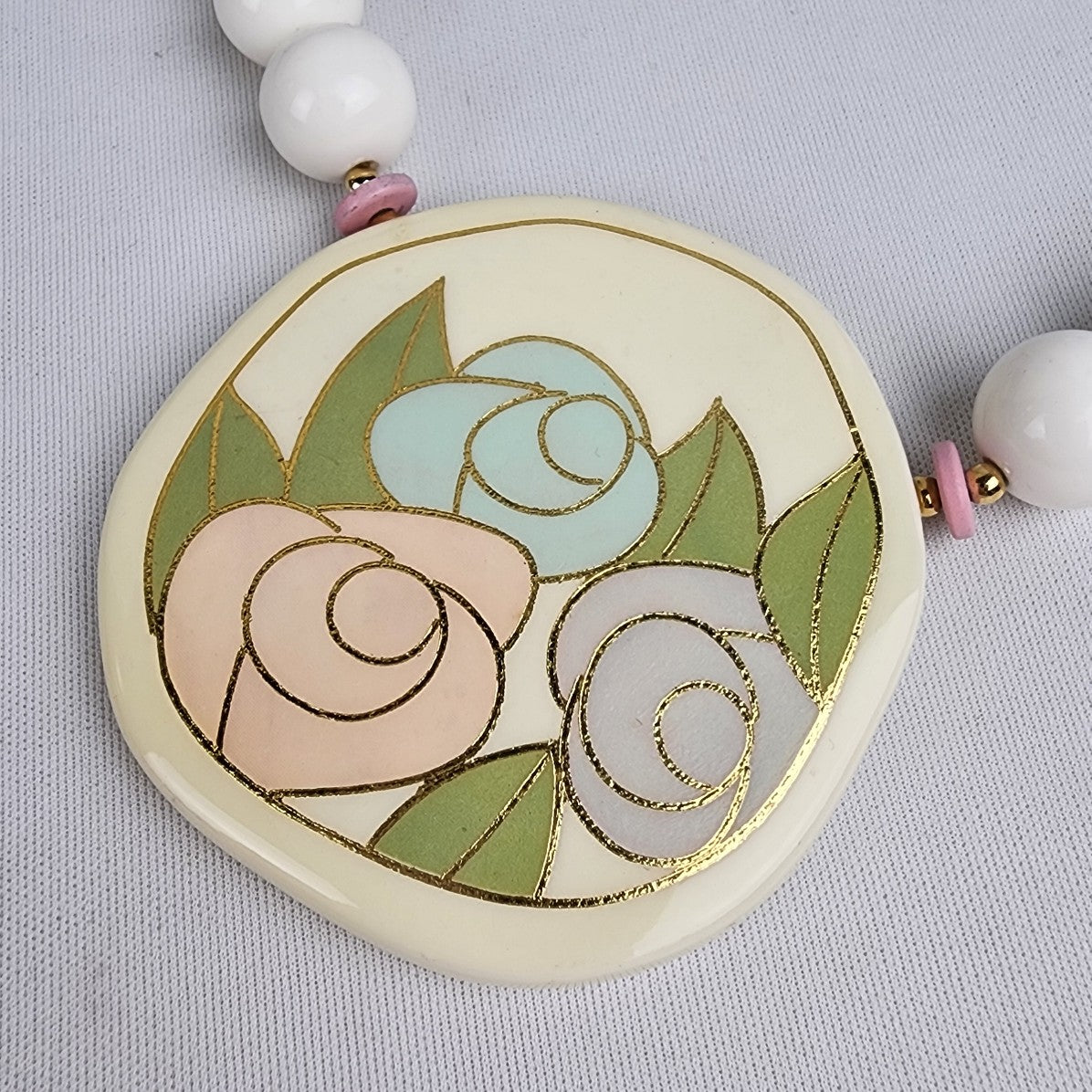 Vintage Japan Ceramic White Beaded Necklace Hand Painted Floral Necklace