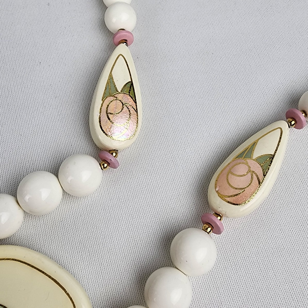 Vintage Japan Ceramic White Beaded Necklace Hand Painted Floral Necklace