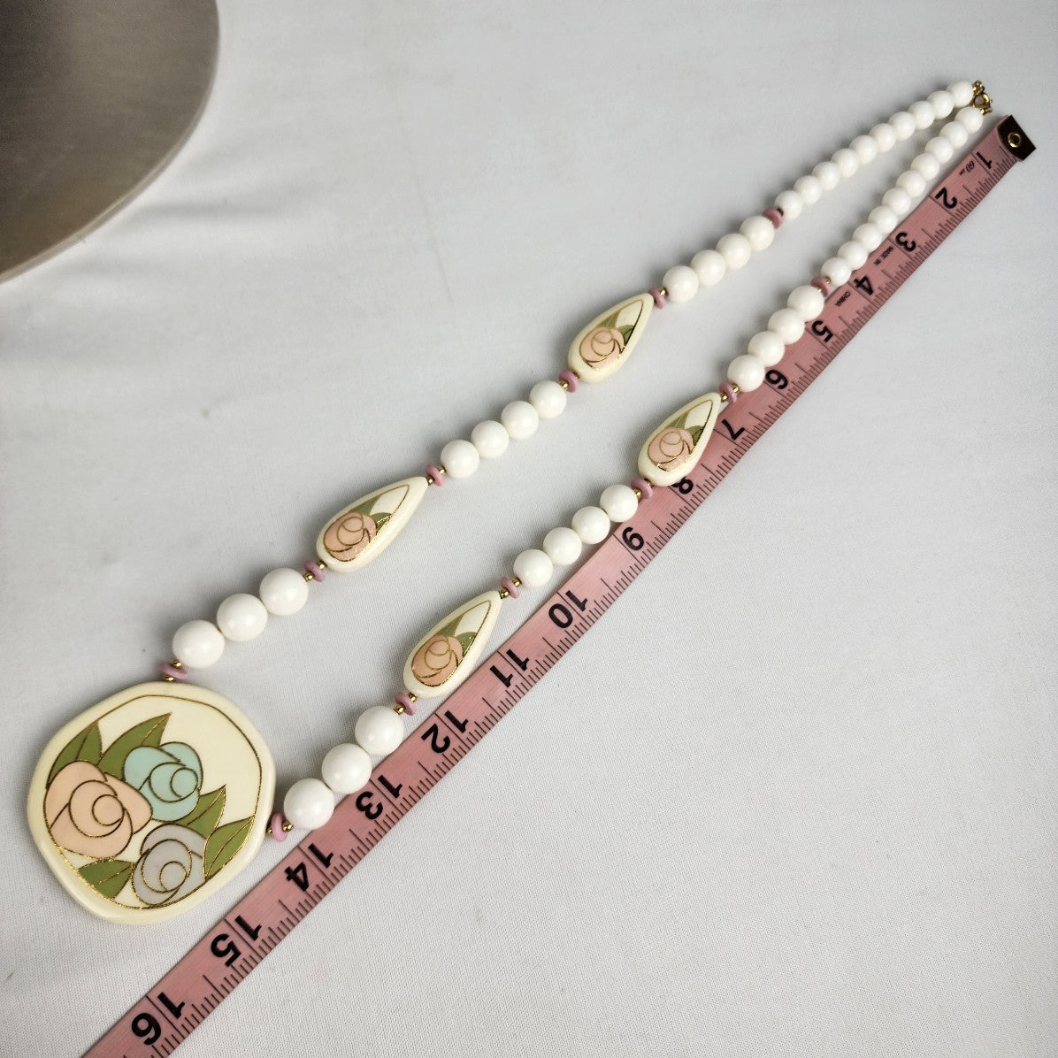 Vintage Japan Ceramic White Beaded Necklace Hand Painted Floral Necklace