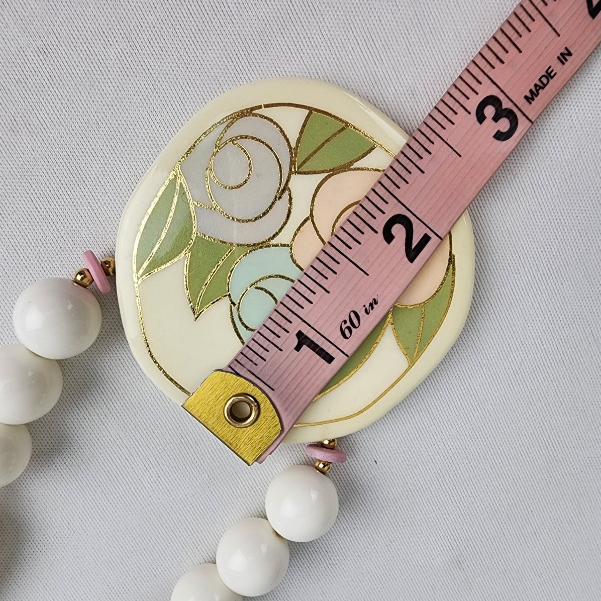 Vintage Japan Ceramic White Beaded Necklace Hand Painted Floral Necklace