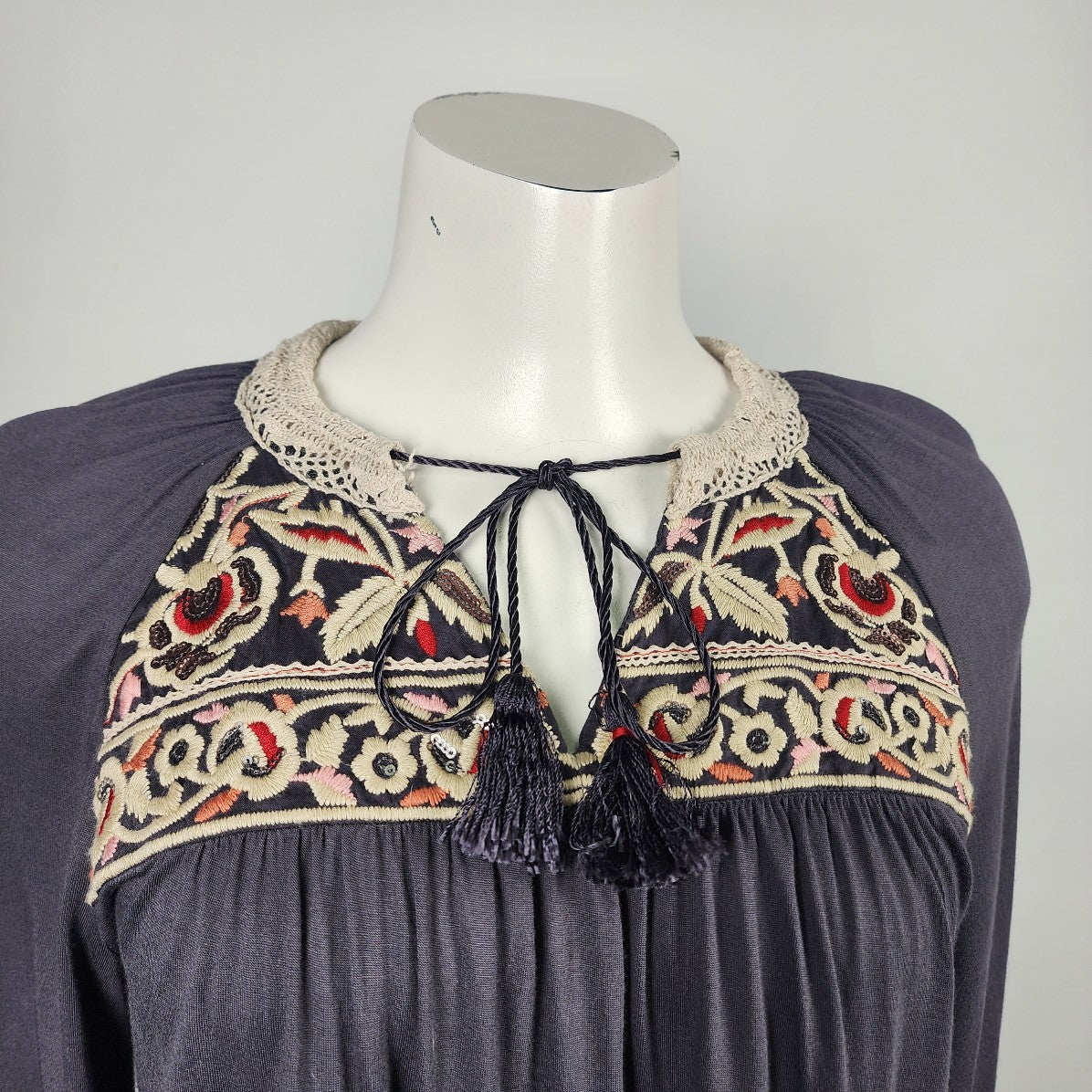 Anthropologie One September Grey Long Sleeve Peasant Top Size XS/S