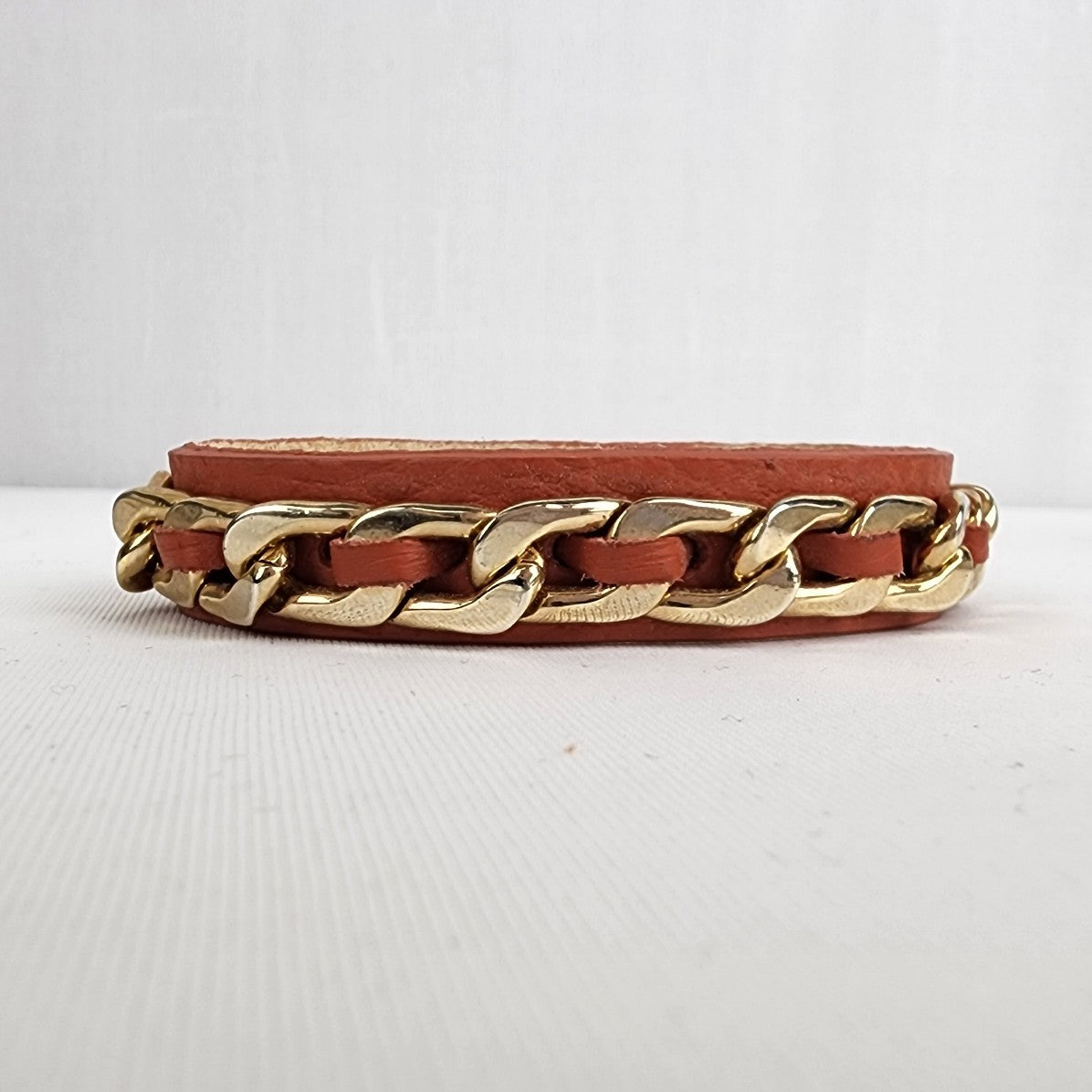 Guang Tong Gold Chain Brown Leather Snap Bracelet