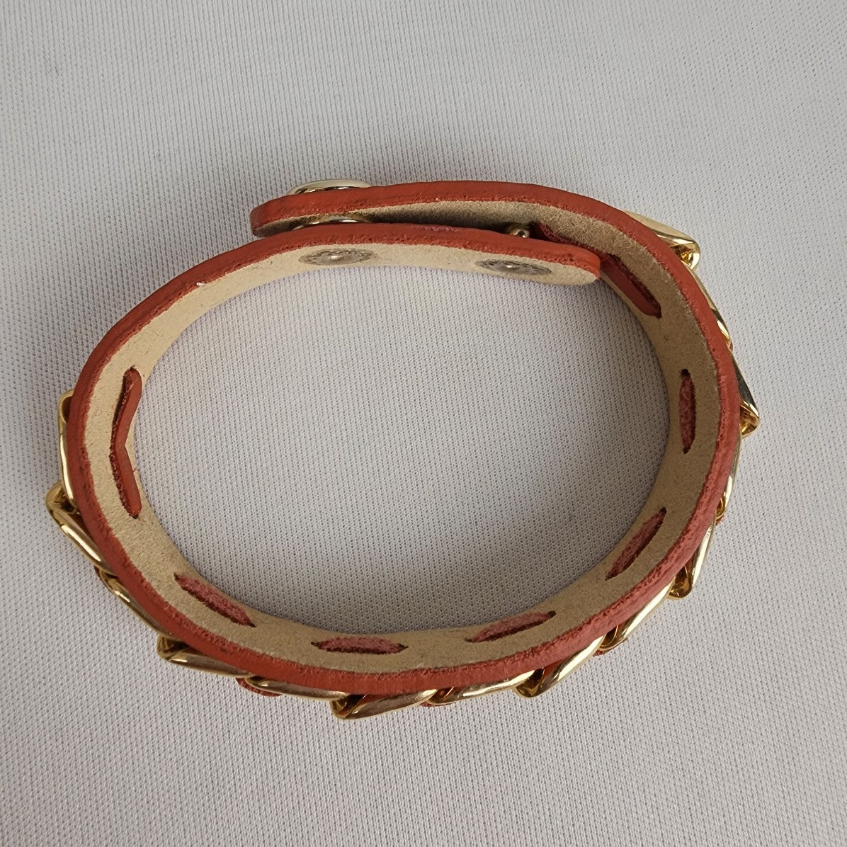 Guang Tong Gold Chain Brown Leather Snap Bracelet