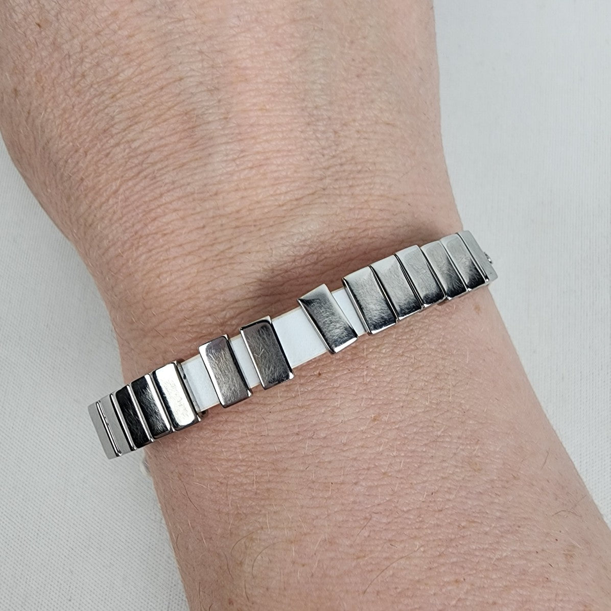 Michael Kors Silver & White Leather Buckle Bracelet