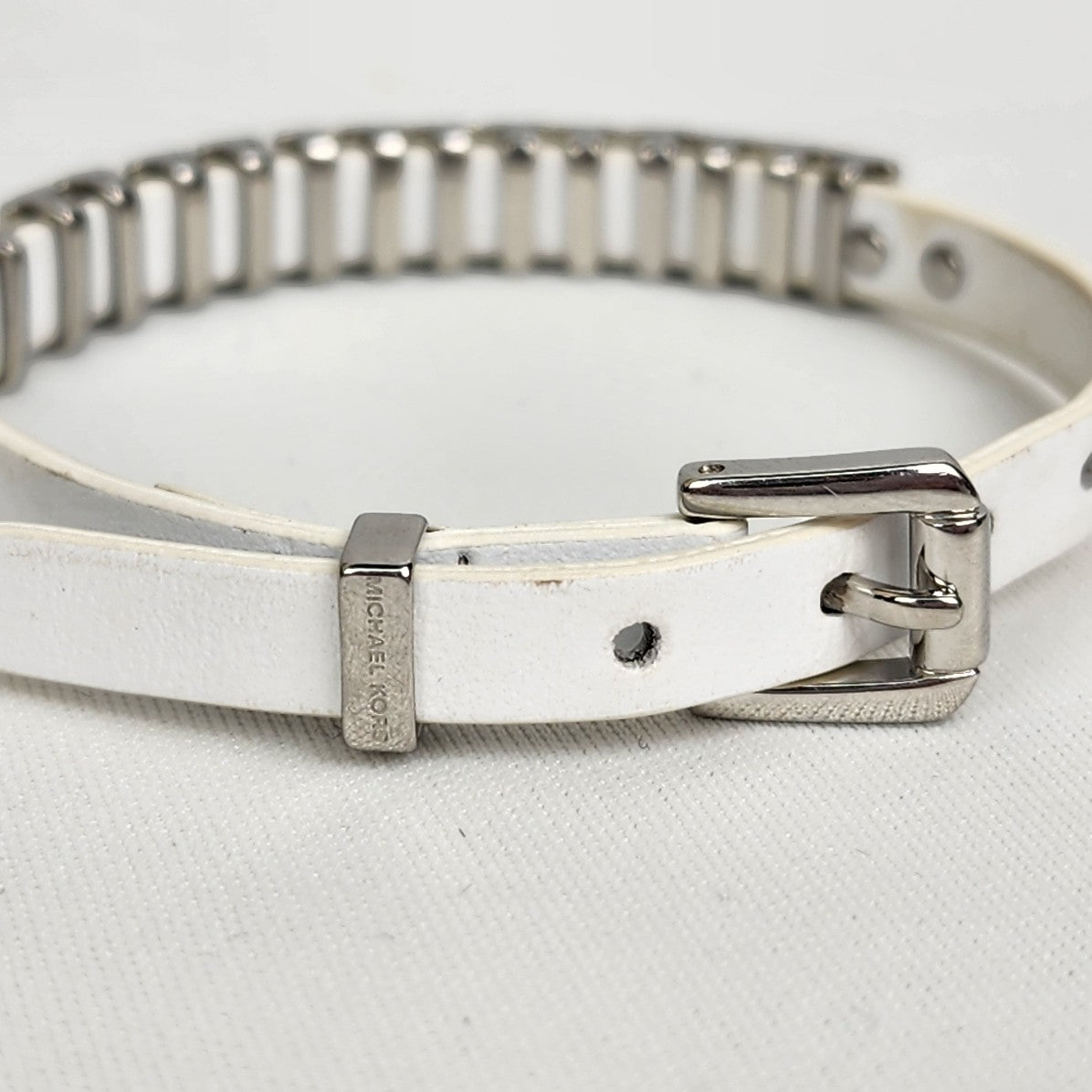 Michael Kors Silver & White Leather Buckle Bracelet