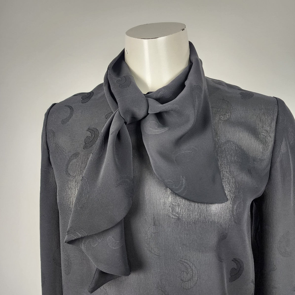 Vintage Black Sheer Neck Tie Back Buttoned Blouse Top Size S