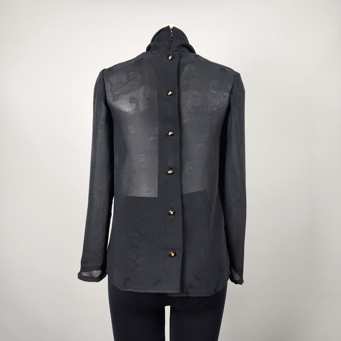 Vintage Black Sheer Neck Tie Back Buttoned Blouse Top Size S