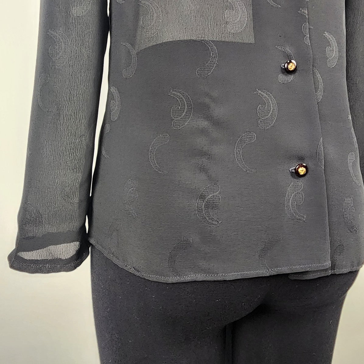 Vintage Black Sheer Neck Tie Back Buttoned Blouse Top Size S