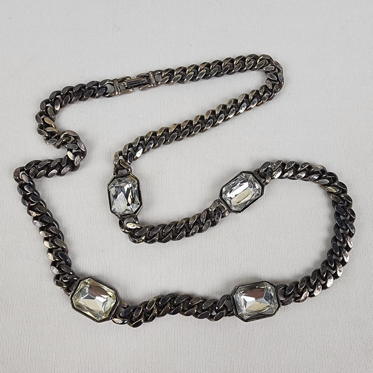 Vintage Silver Chunky Chain Faceted Glass Necklace