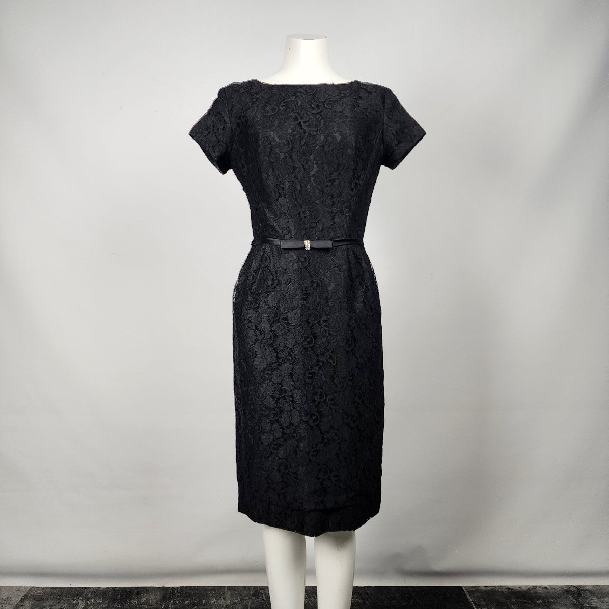 Vintage Laurence Dress Black Lace Sheath Belted Dress Size S