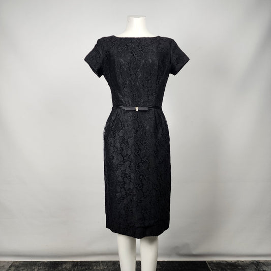 Vintage Laurence Dress Black Lace Sheath Belted Dress Size S