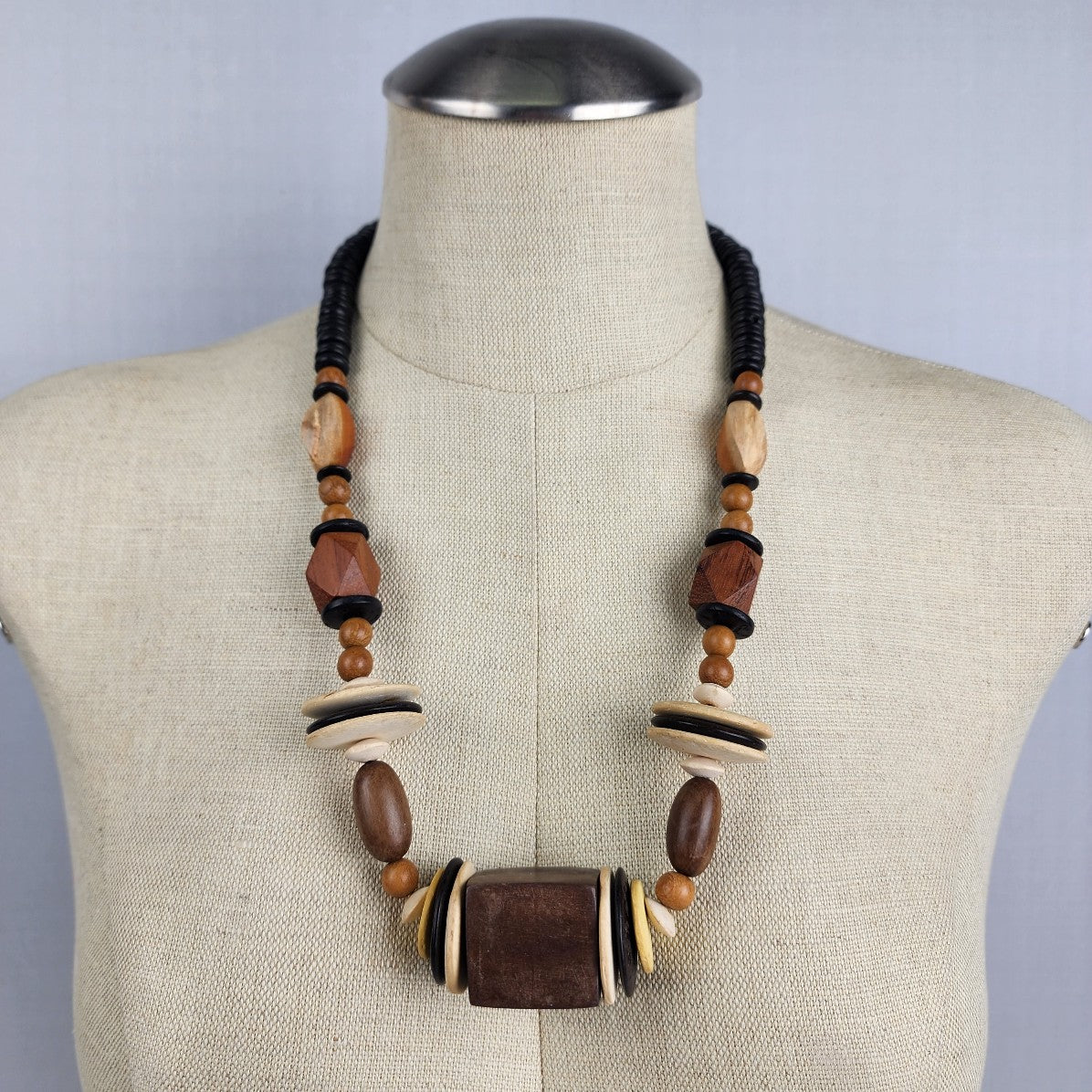 Vintage Natural Wood Brown Beaded Statement Necklace