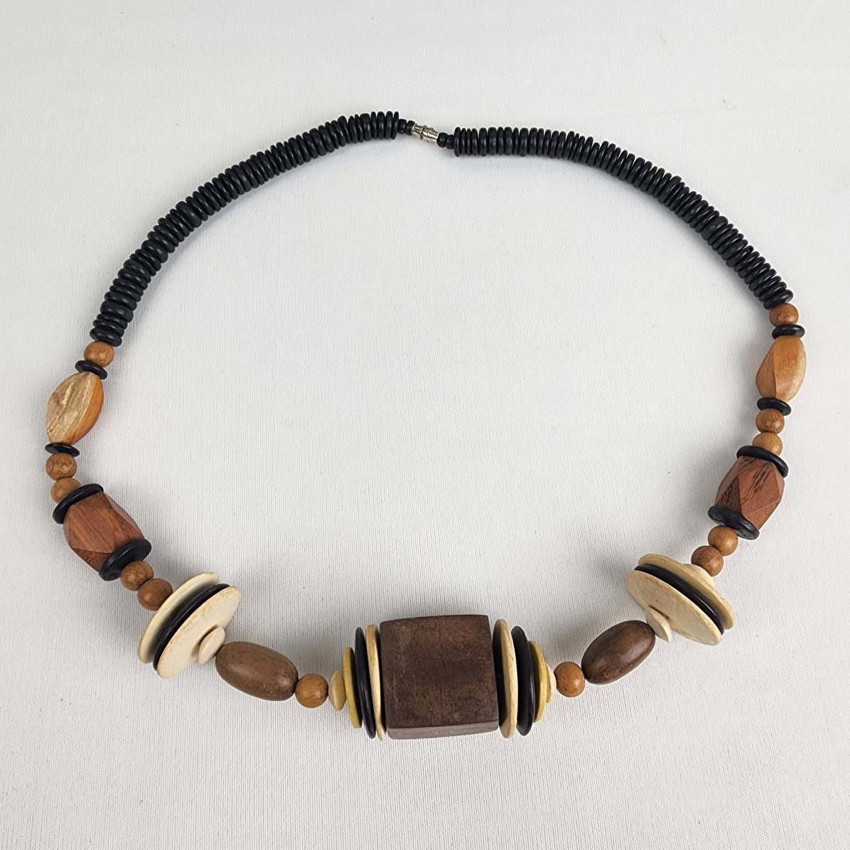 Vintage Natural Wood Brown Beaded Statement Necklace