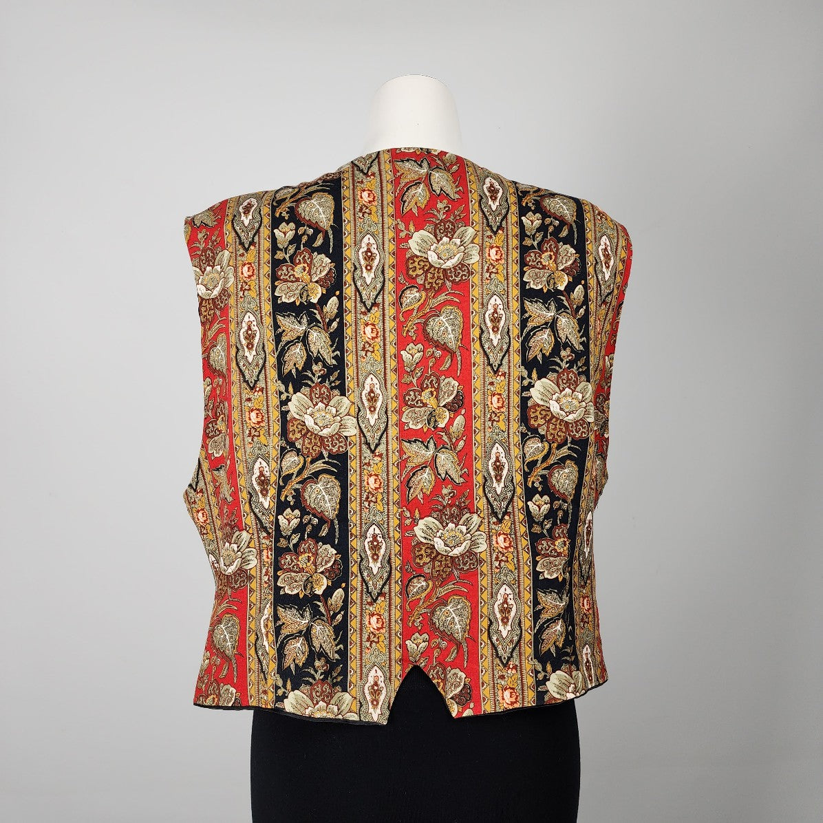 Vintage Black & Red Satin Floral Pattern Print Vest Size L