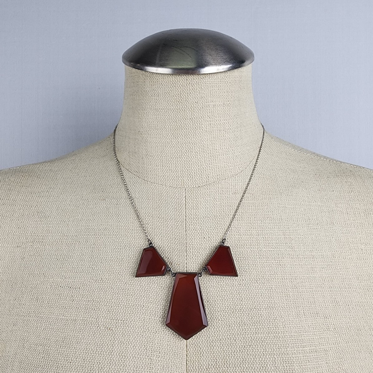 Vintage Silver Tone Red Glass Geometric Shape Necklace