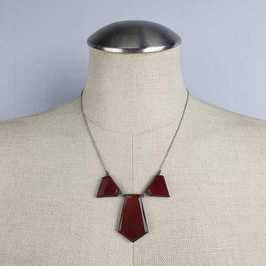 Vintage Silver Tone Red Glass Geometric Shape Necklace
