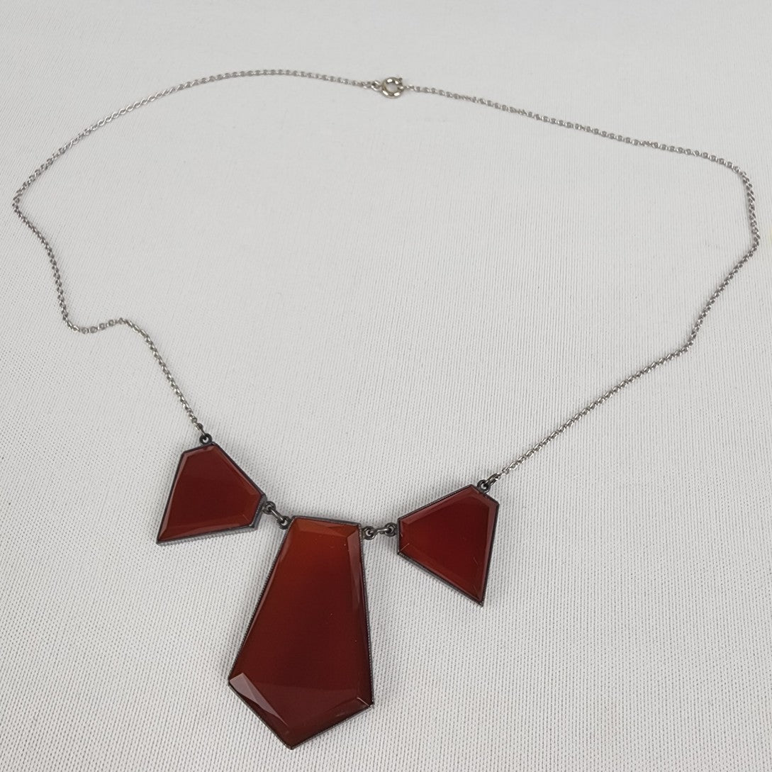 Vintage Silver Tone Red Glass Geometric Shape Necklace