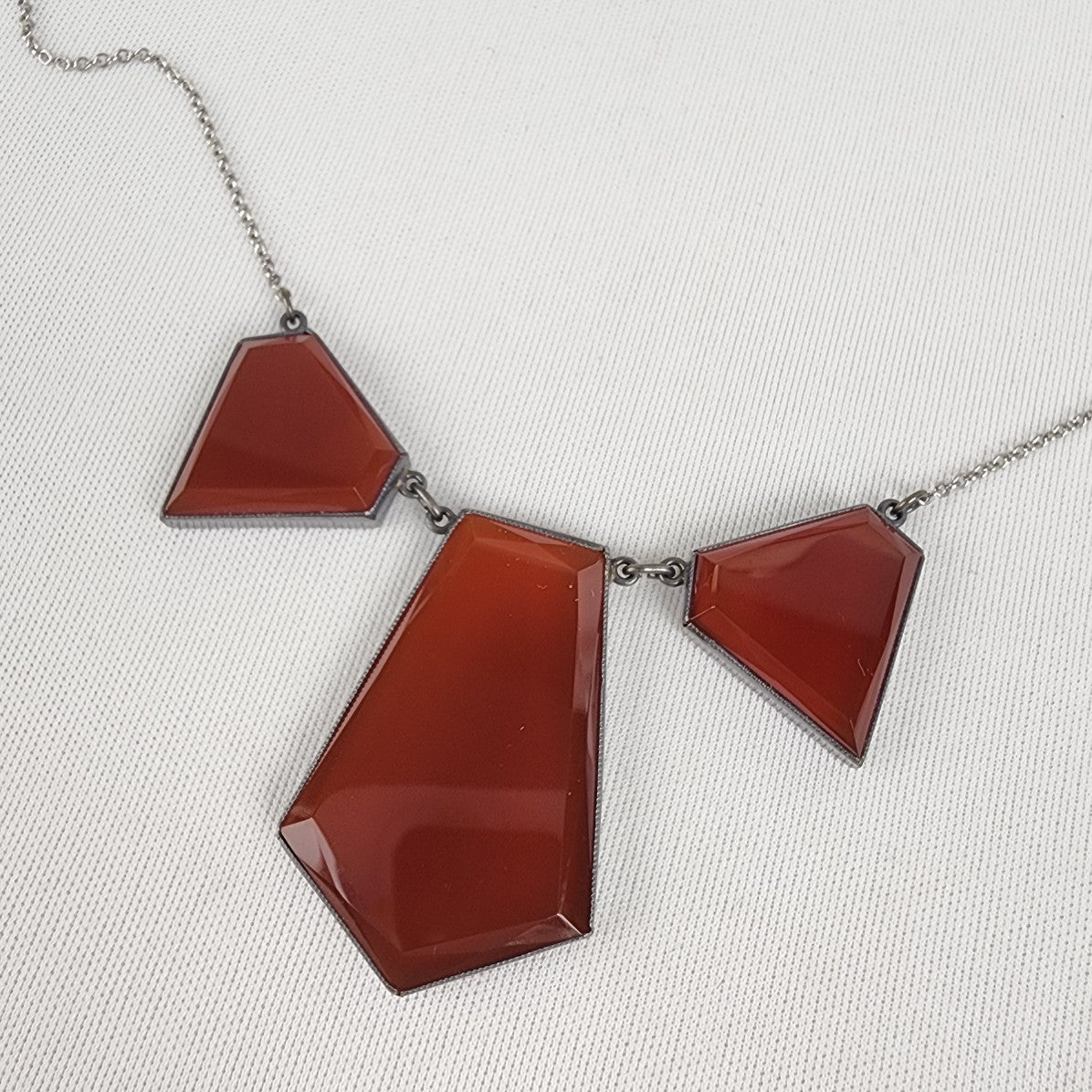Vintage Silver Tone Red Glass Geometric Shape Necklace