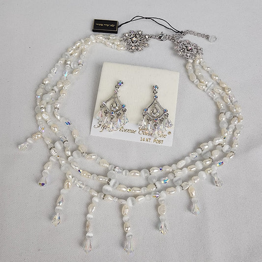 FAC Silver Pacifico AB Crystal Fresh Water Pearl Beaded Chandelier Necklace Set