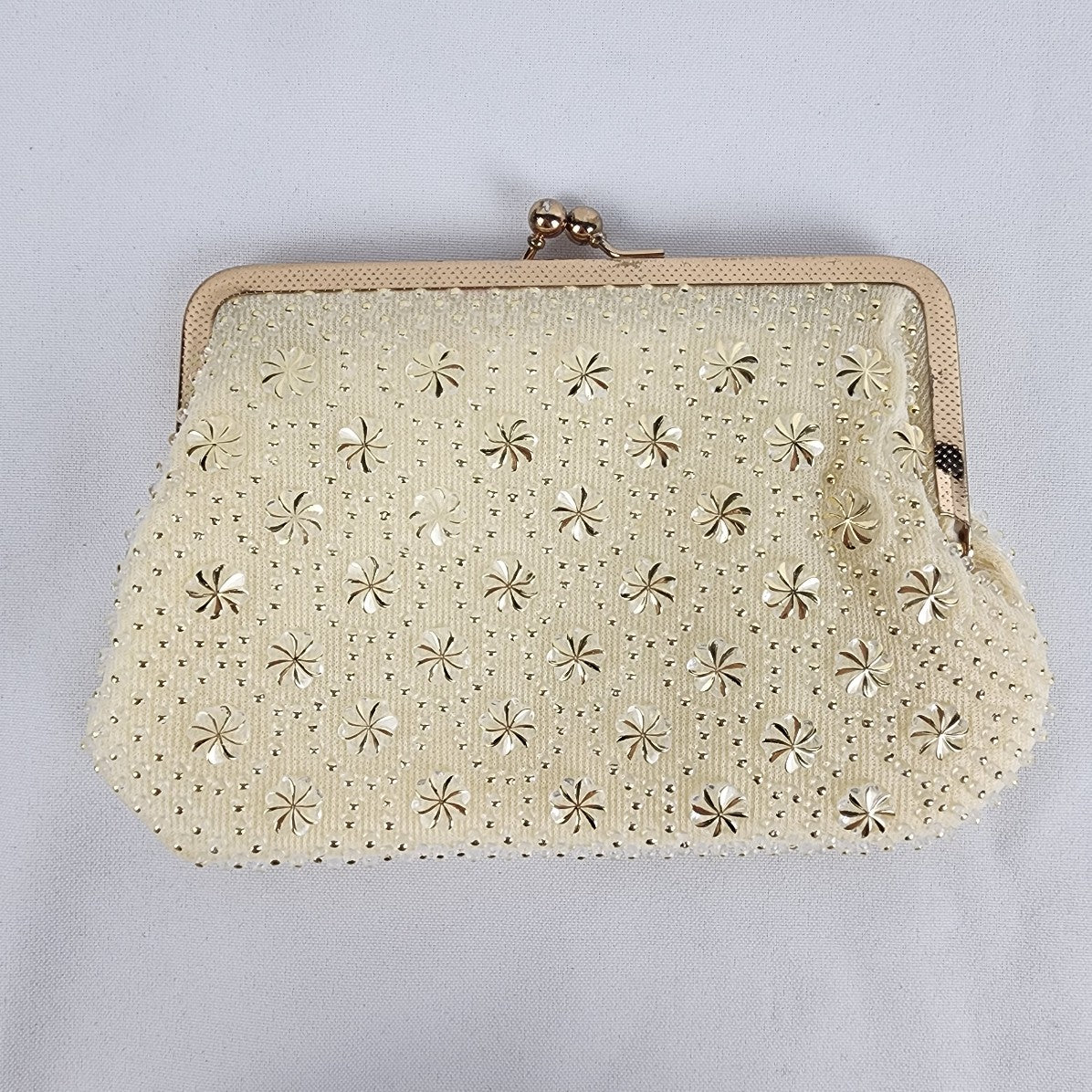 Vintage Gold Tone Floral Beaded Clutch Purse