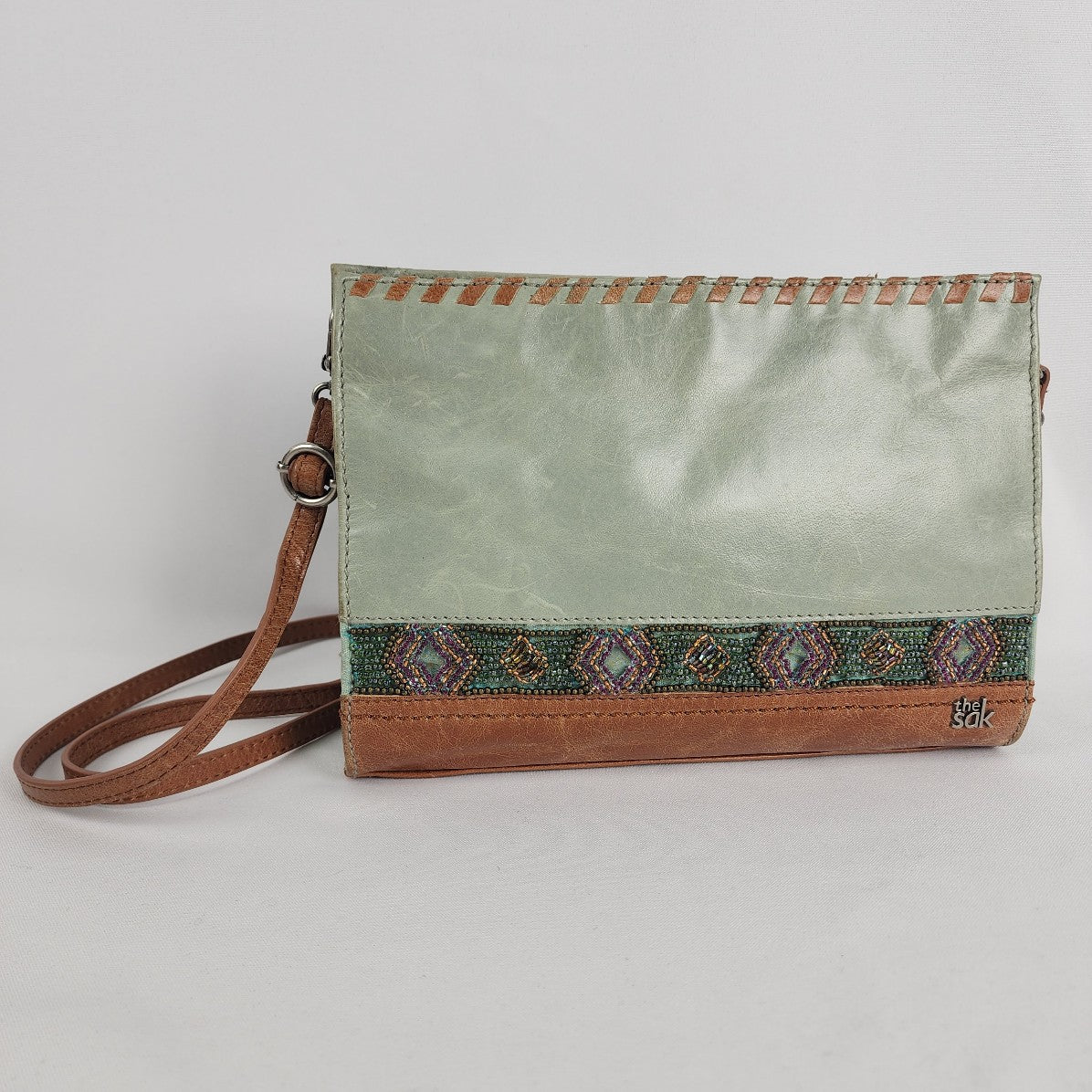 The Sac Green Leather Beaded Detail Crossbody Purse