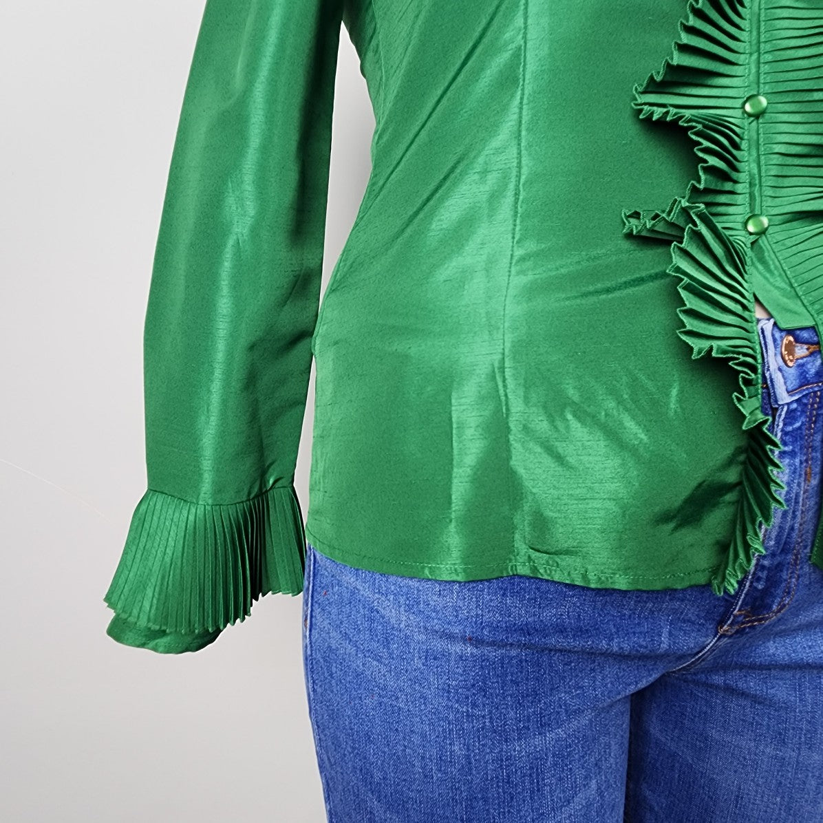 Oscar De La Renta Green Ruffle Button Front Blouse Size 14