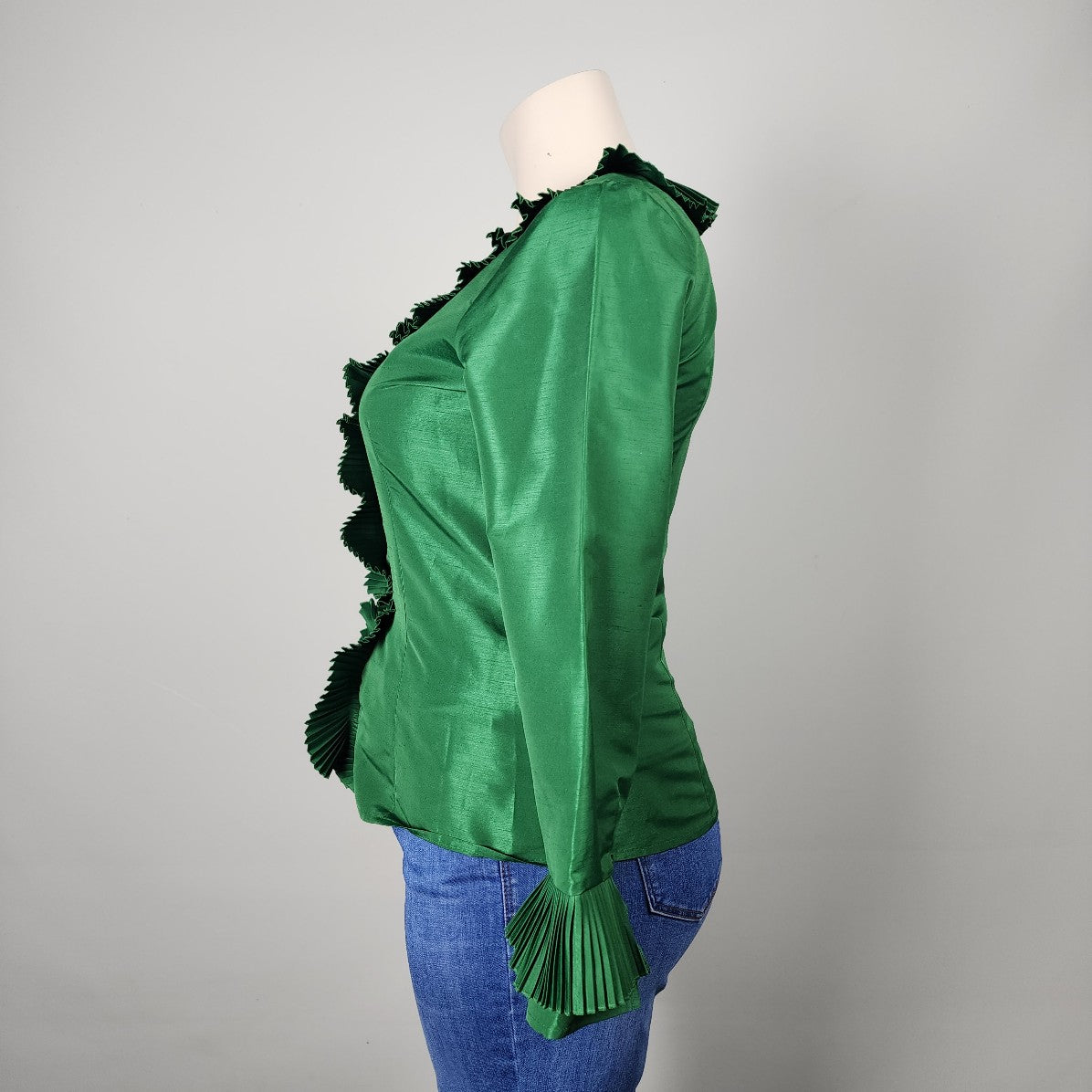 Oscar De La Renta Green Ruffle Button Front Blouse Size 14