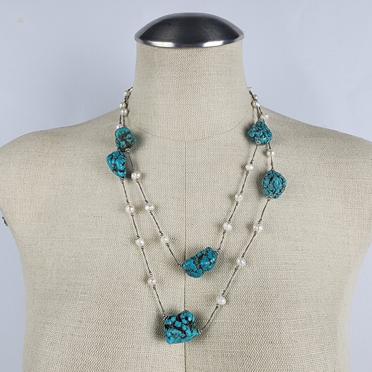 Faux Turquoise & Pearl Beaded Necklace