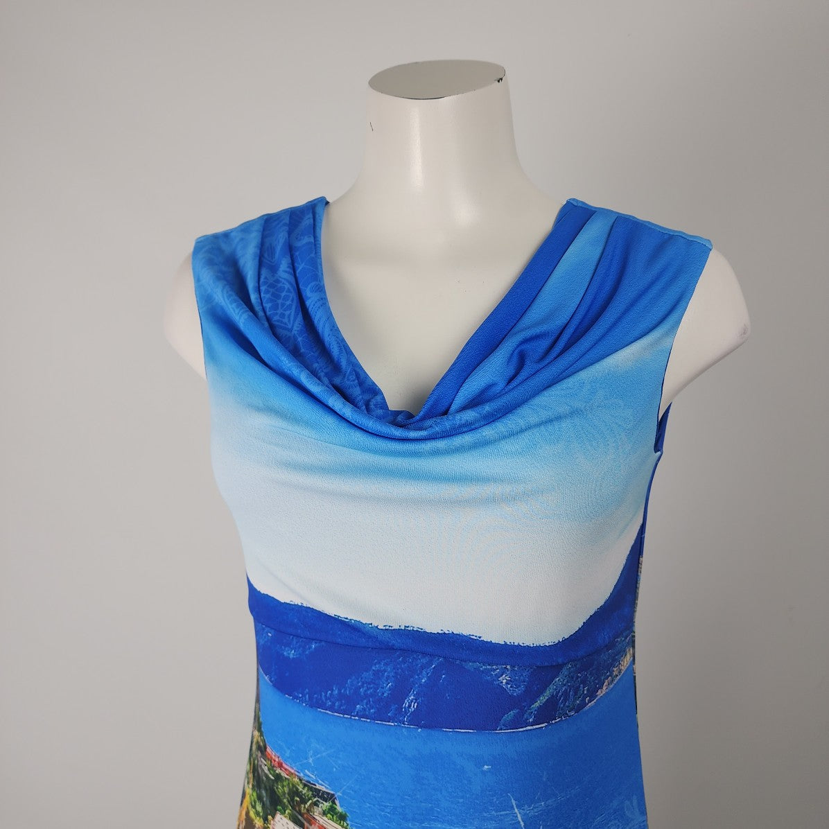 Art By Dolcezza Blue Tropical Town Scene Sheath Dress Size M