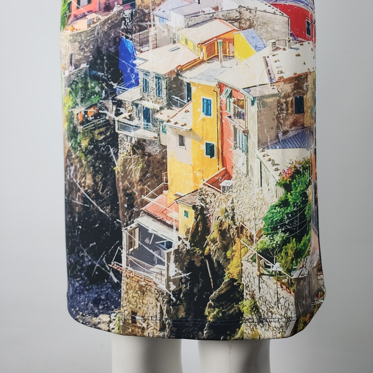 Art By Dolcezza Blue Tropical Town Scene Sheath Dress Size M