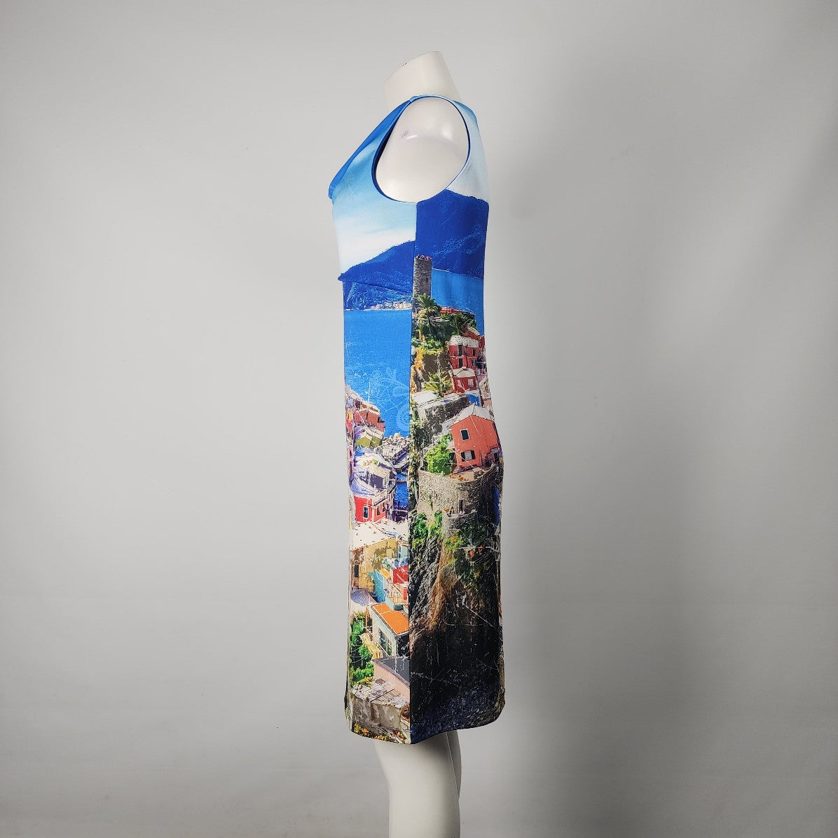 Art By Dolcezza Blue Tropical Town Scene Sheath Dress Size M