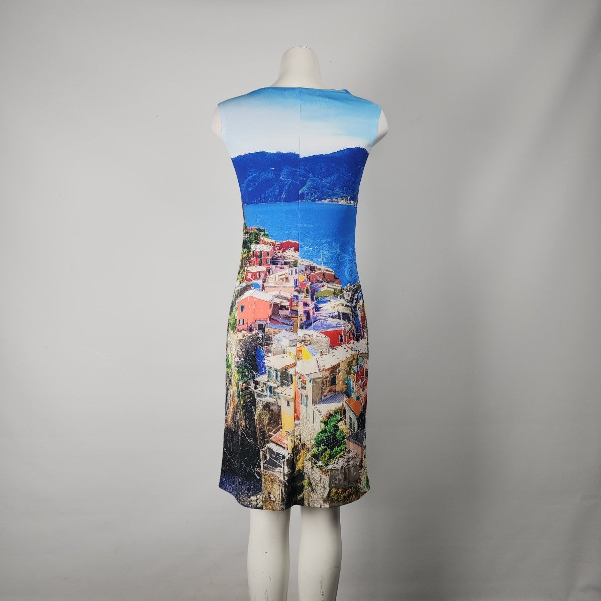 Art By Dolcezza Blue Tropical Town Scene Sheath Dress Size M