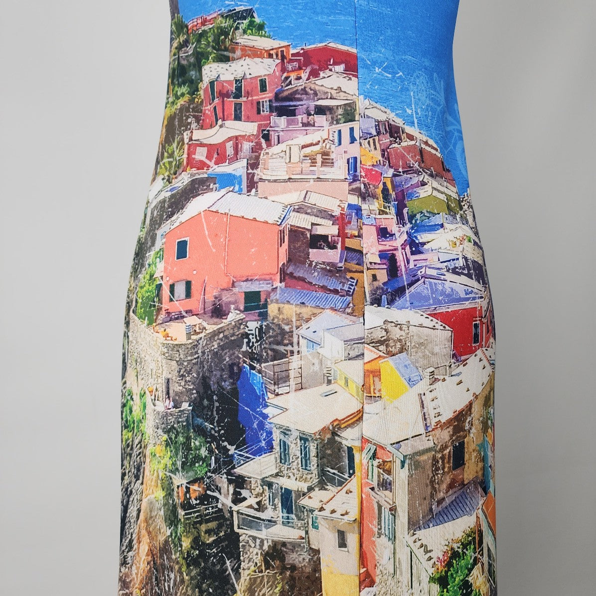 Art By Dolcezza Blue Tropical Town Scene Sheath Dress Size M
