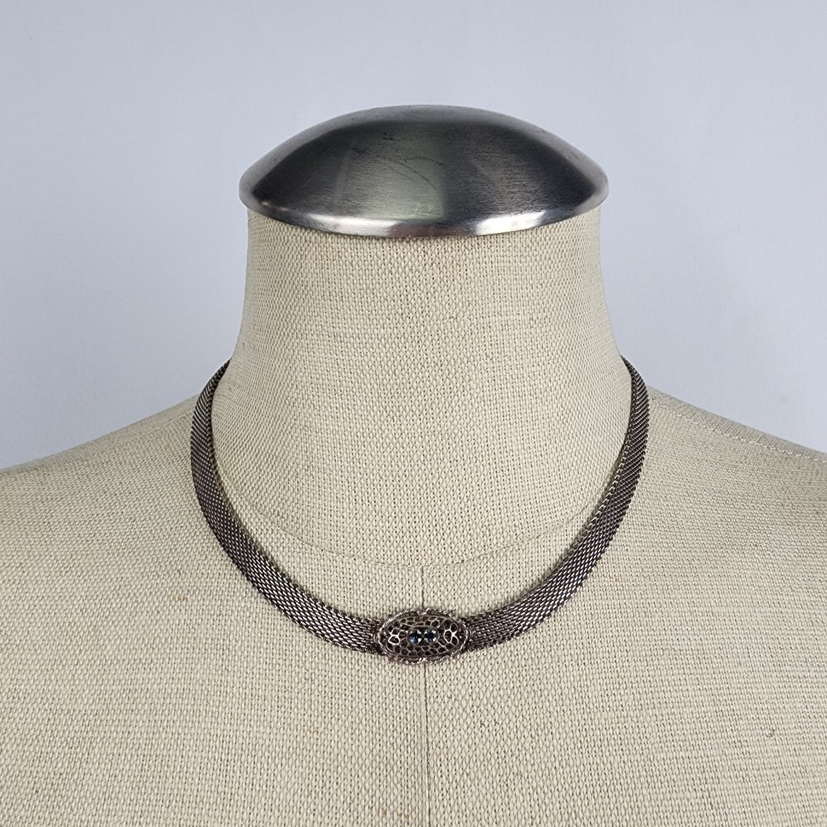 Vintage 635 Sterling Silver Woven Chain Blue Crystal Collar Necklace