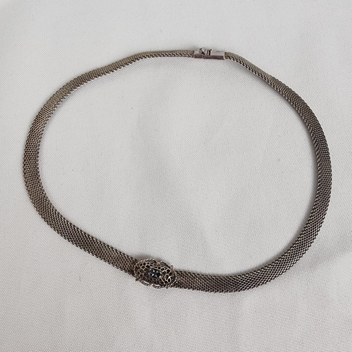 Vintage 635 Sterling Silver Woven Chain Blue Crystal Collar Necklace